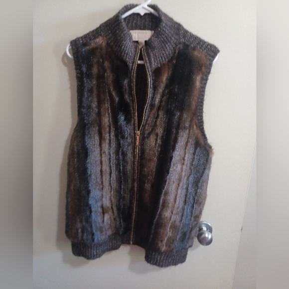 Michael Kors Sweater Faux Fur Full Zip Brown Vest Sz L - Picture 6 of 8